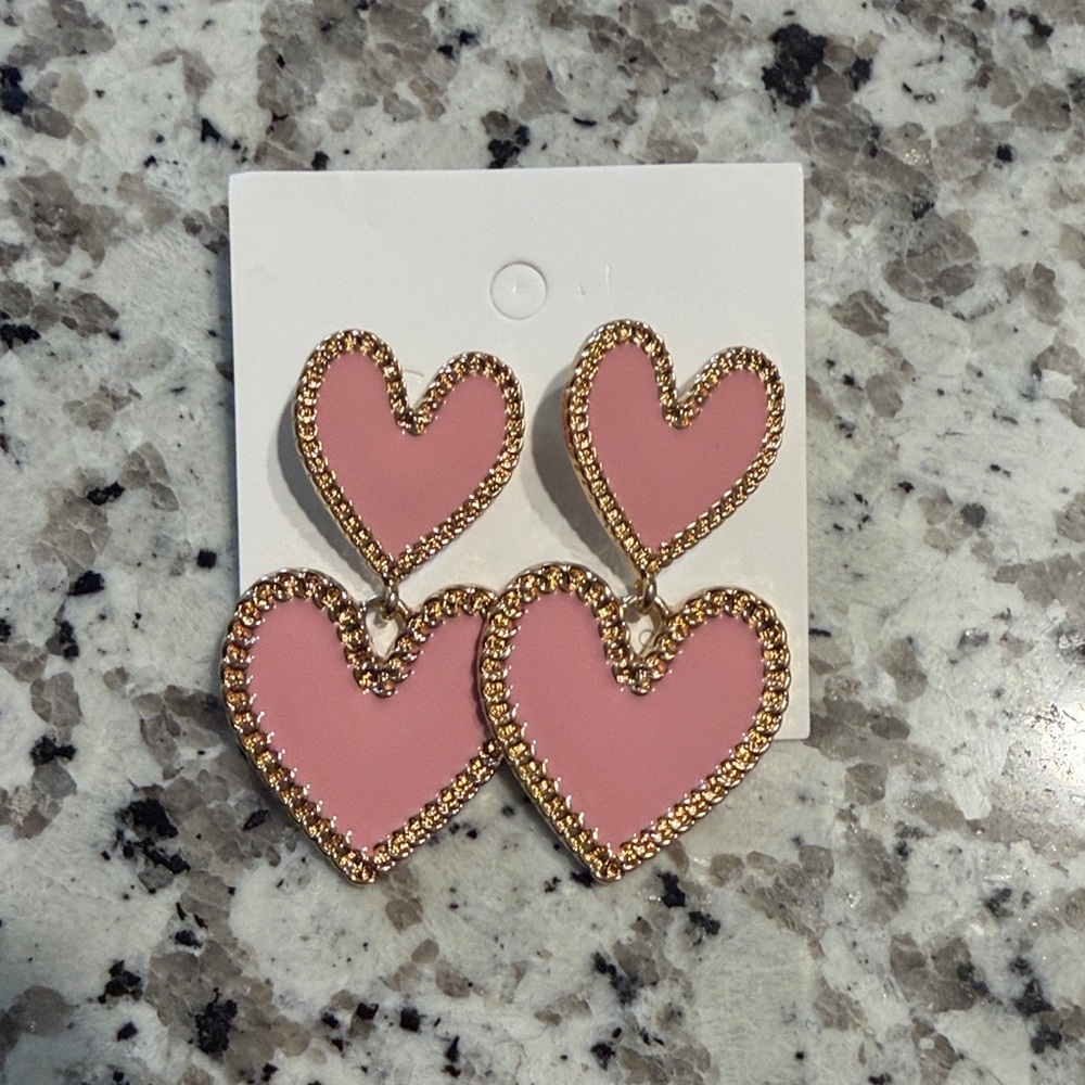 Gold-Trim Pink Heart Drop Earrings - Women Jewelry